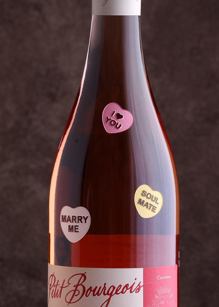 Sand carved etched Valentine wine bottle with Sweetheart Candy Hearts