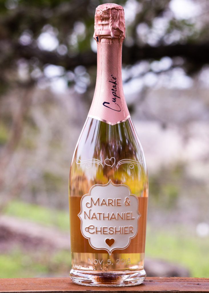 Sand carved etched personalized wedding champagne bottle