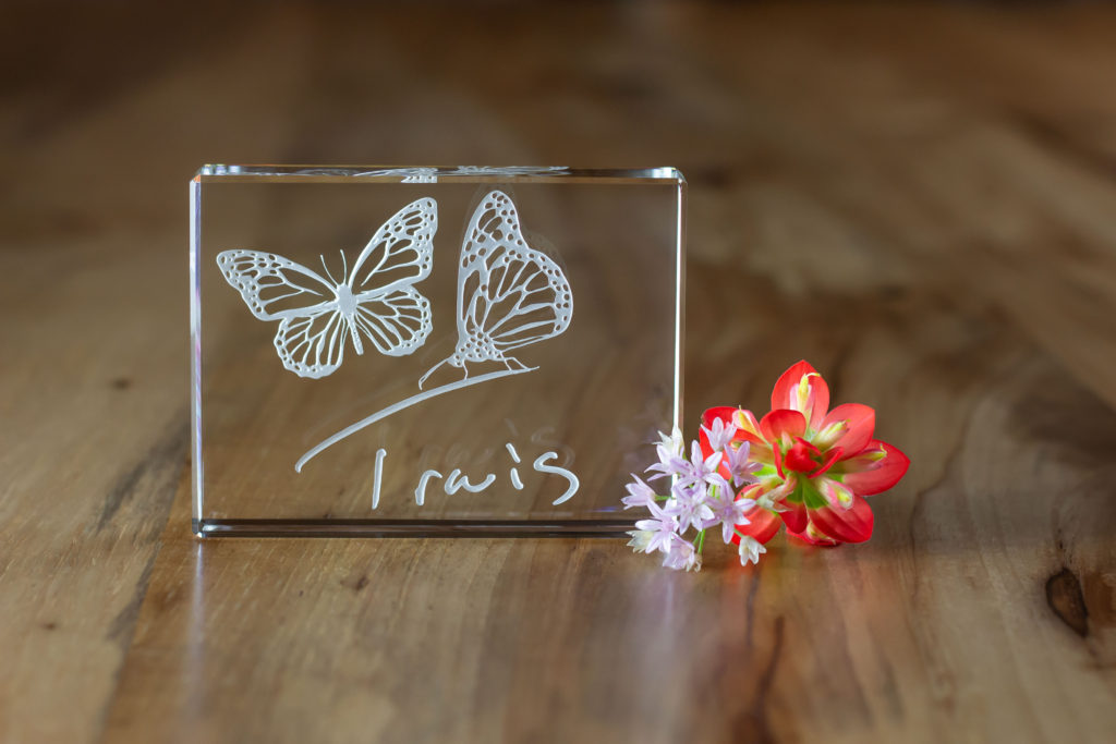 Sandcarved engraved crystal memorial with butterflies and personal signature