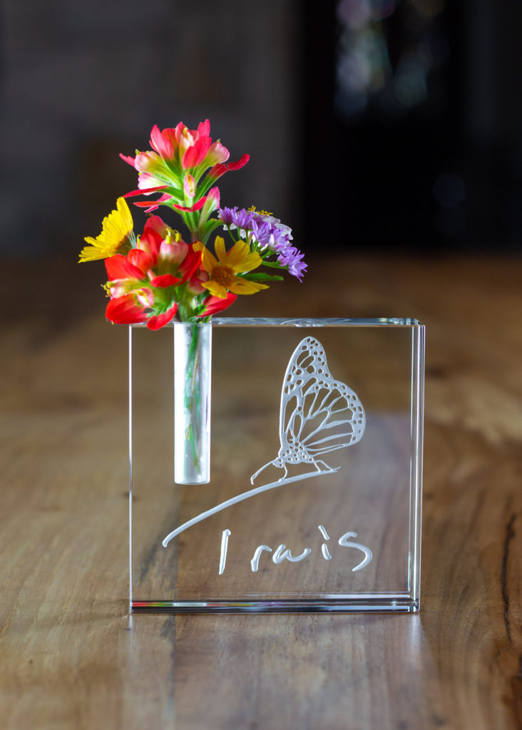Etched Sandcarved crystal memorial vase with personal signature and monarch butterfly