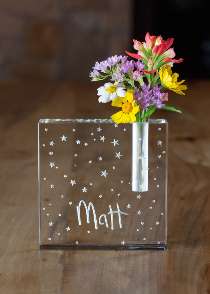 Sandcarved engraved crystal memorial vase with stars and personal signature