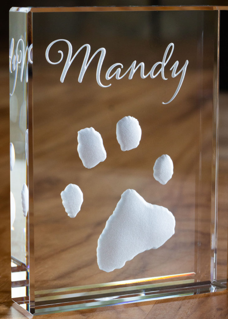 Sandcarved etched crystal custom paw print pet memorial