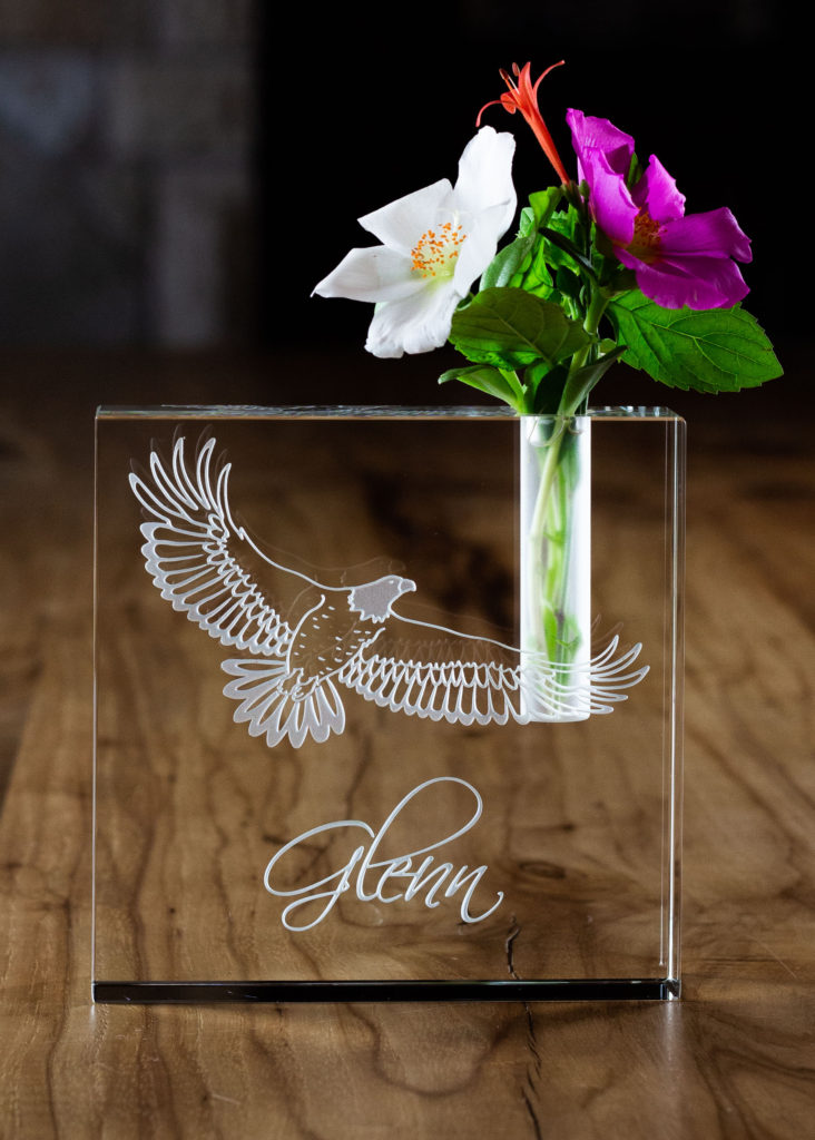 Etched remembrance crystal memorial vase with soaring eagle