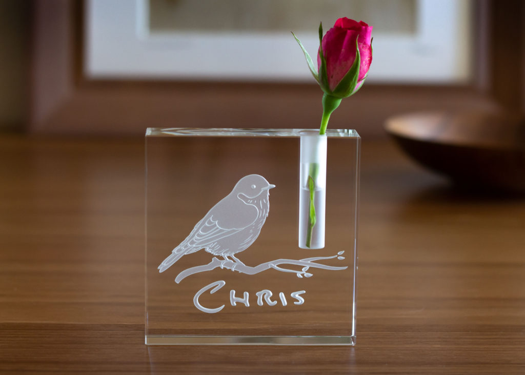 Etched remembrance memorial crystal vase with personal signature and bluebird