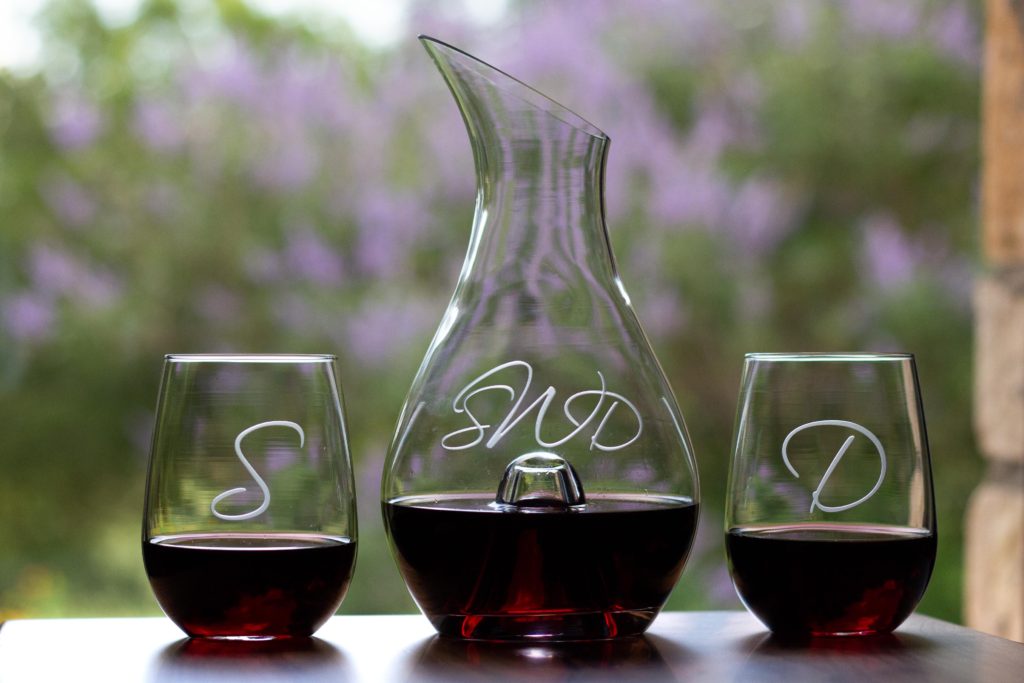 Sandcarved etched personalized wine decanter and glasses