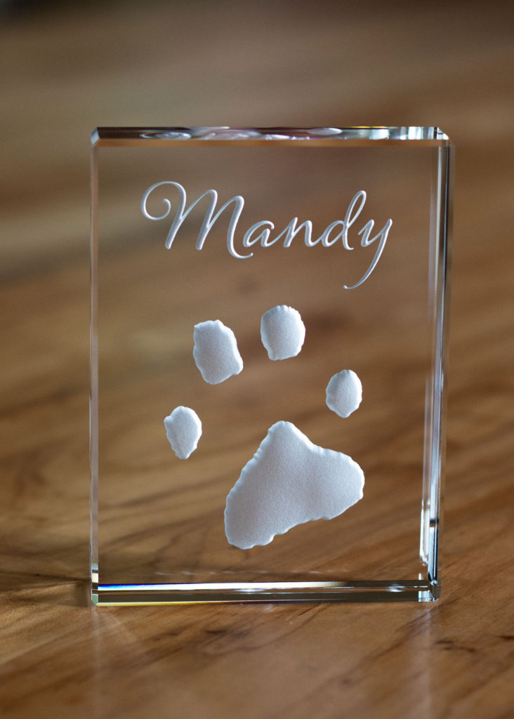 Sandcarved etched crystal custom paw print pet memorial
