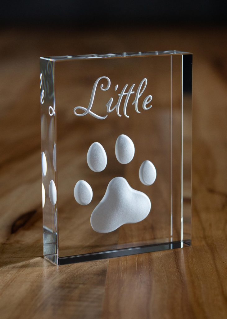 Sandcarved engraved crystal paw print pet memorial