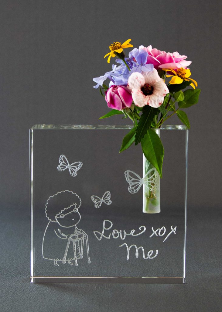Etched Crystal Memorial Vase with loved one's drawing and signature