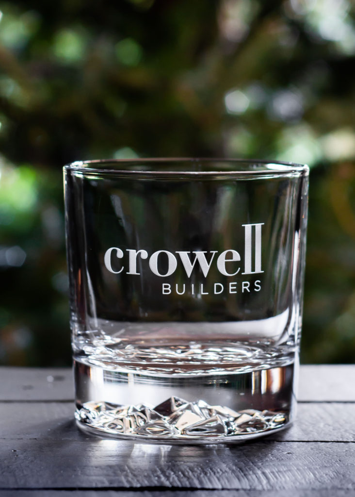 Etched Engraved Whiskey Glass with Crowell Builders logo