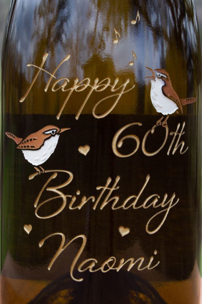 Etched Engraved Birthday Wine Bottle with Wrens Birds