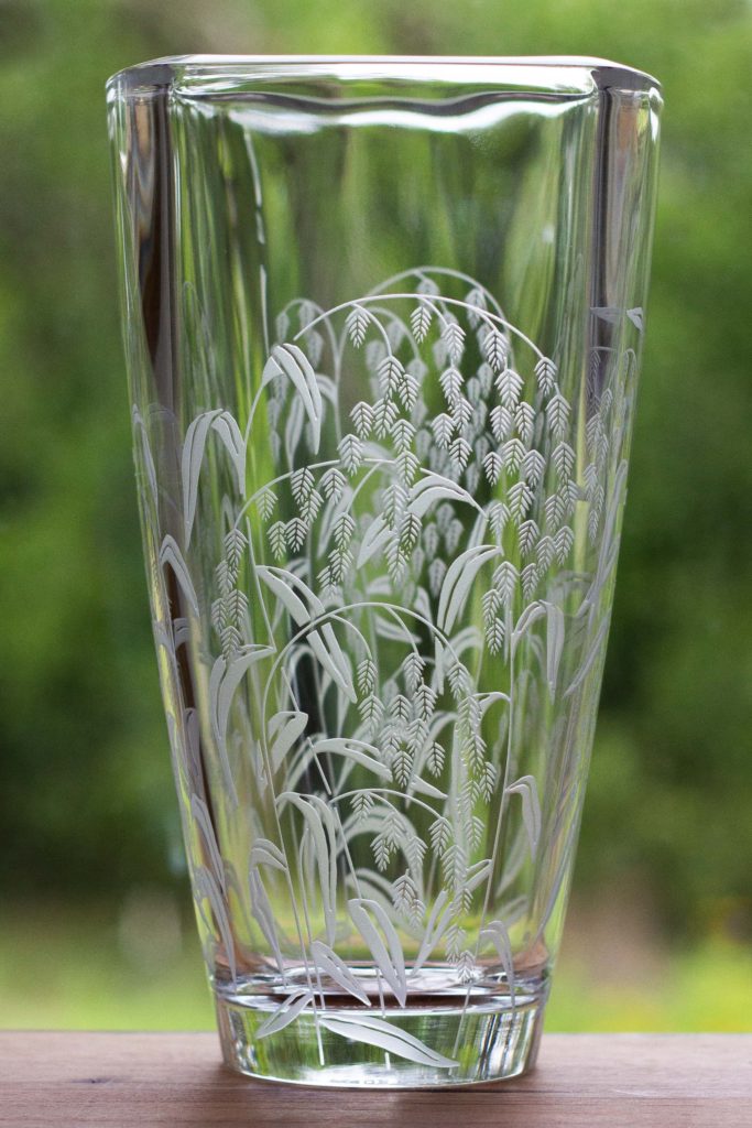 Etched Sandcarved Vase with Inland Sea Oats Design by Debbie Peel