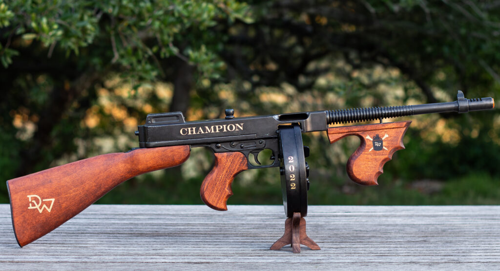 Tommy Gun Replica Engraved Golf Trophy for Driftwood Golf and Ranch Club Bootlegger Tournament