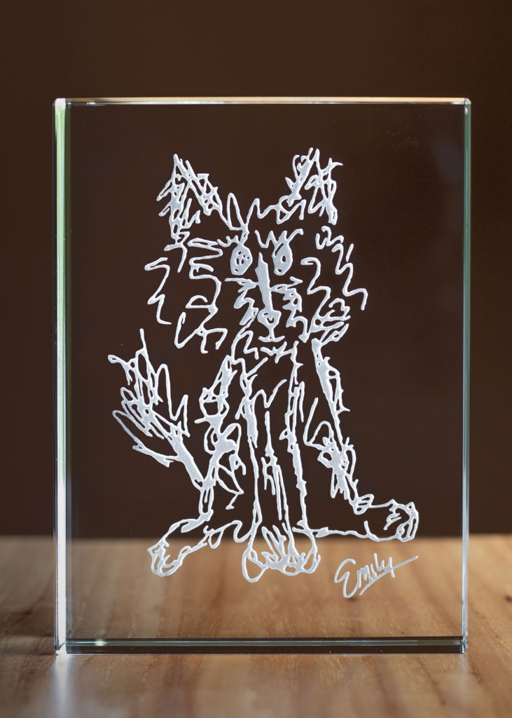 Sandcarved crystal Memorial with drawing