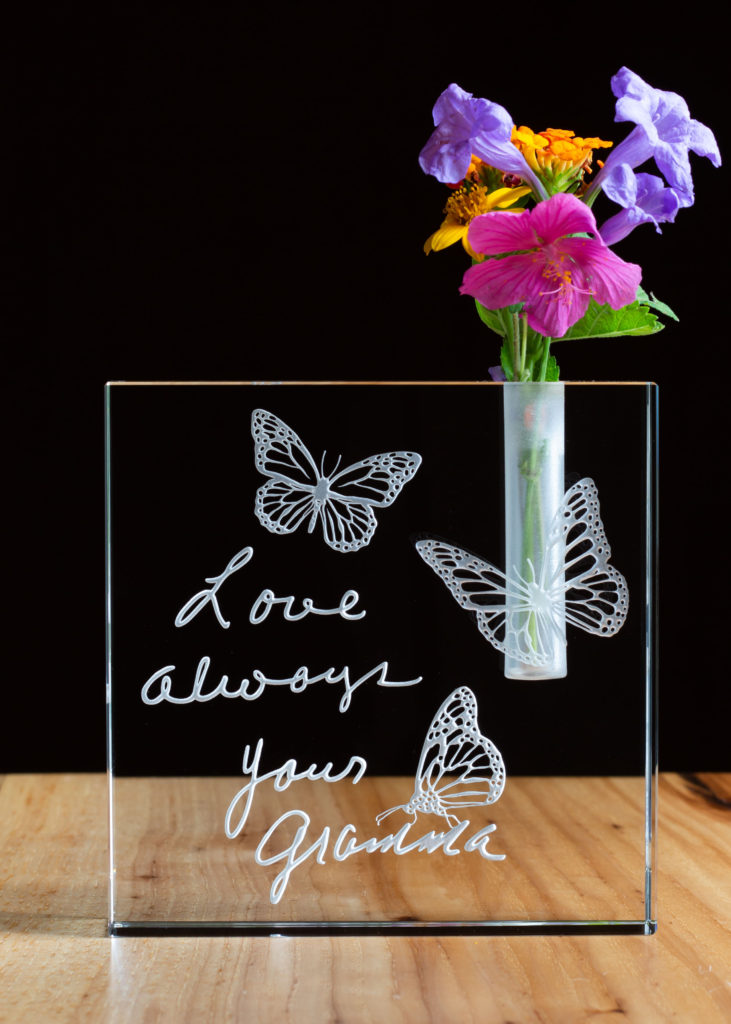 Custom Engraved Memorial Vase with Butterflies and Personal Handwriting Designed by Debbie Peel