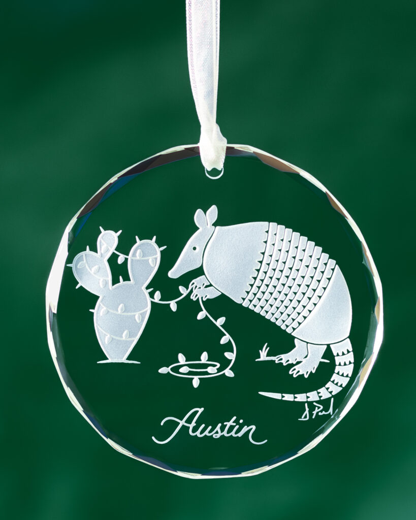 Crystal ornament with engraved sandcarved armadillo design by Debbie Peel