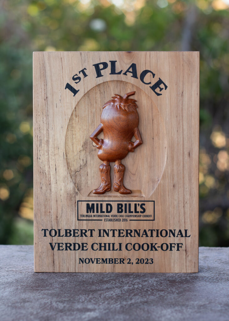 1st Place Chili Cook-off Award pecan wood with mesquite 3D model of Mild Bill' Spices logo 