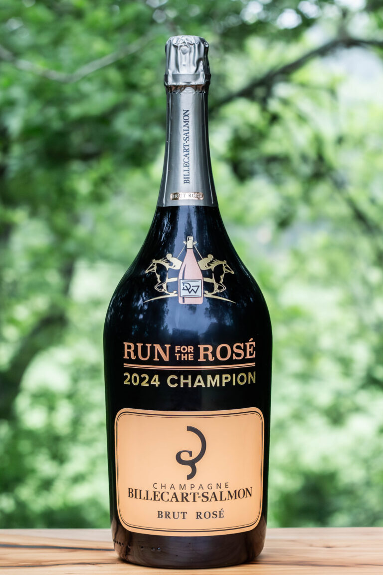 Jeroboam bottle of Billecart-Salmon Brut Rosé sand carved engraved with Run for the Rosé logo and Champion