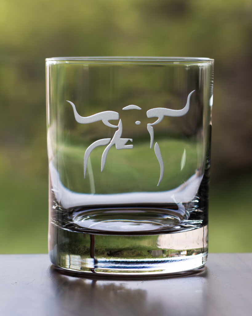 Whiskey Glass Engraved with Longhorn Imaging logo